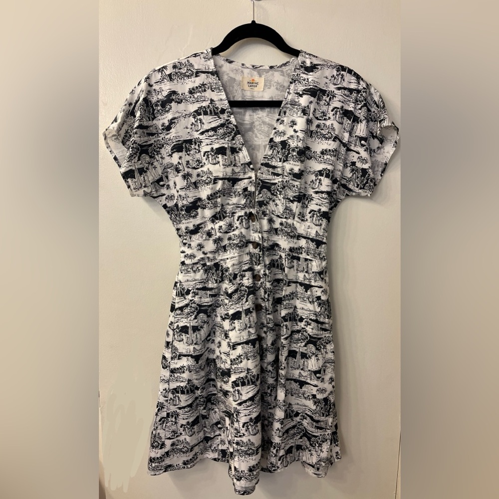 Small — Marine Layer Camila mini dress — San Francisco toile print - black ivory